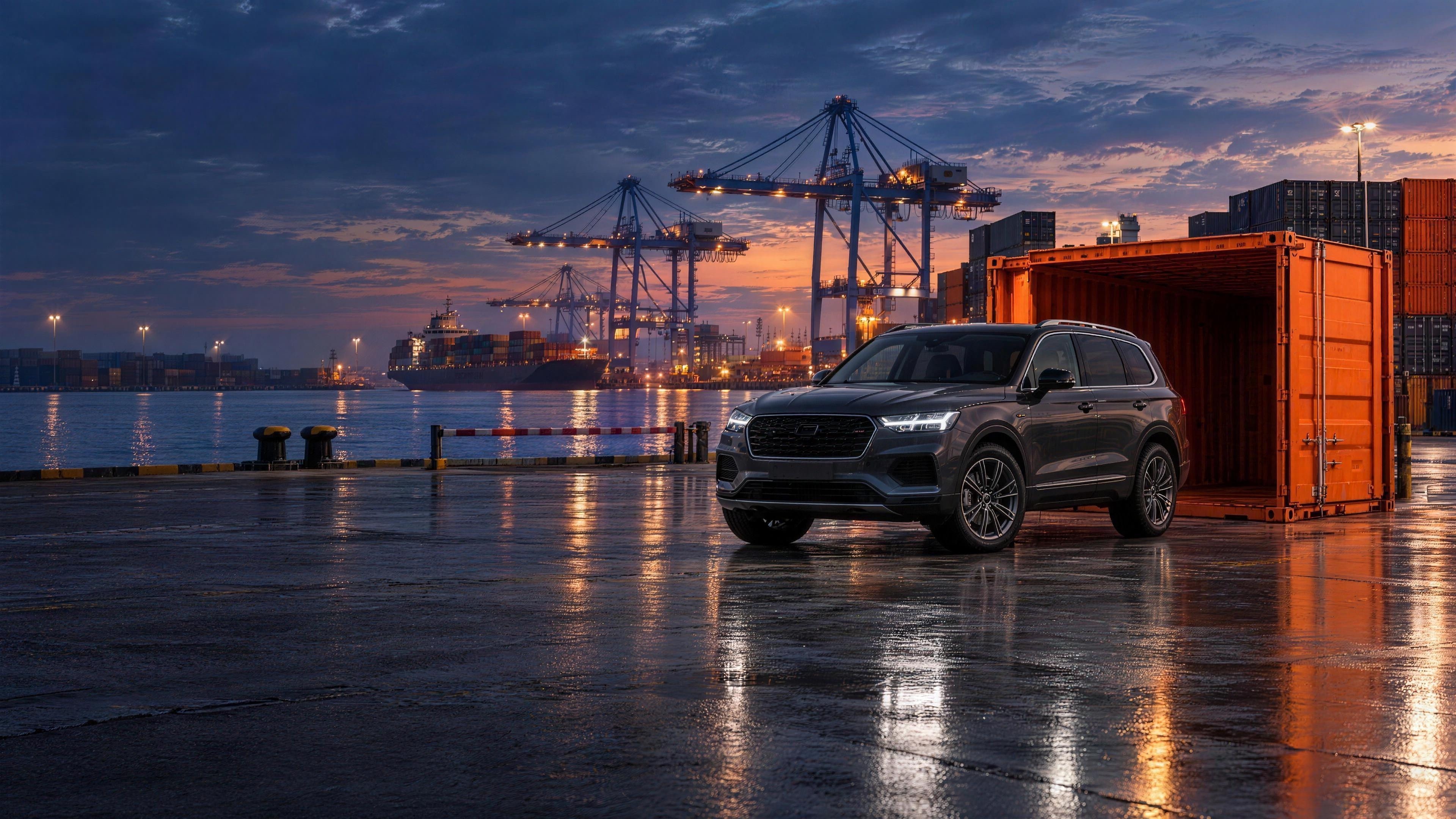 SUV staged beside an open shipping container at a night port
