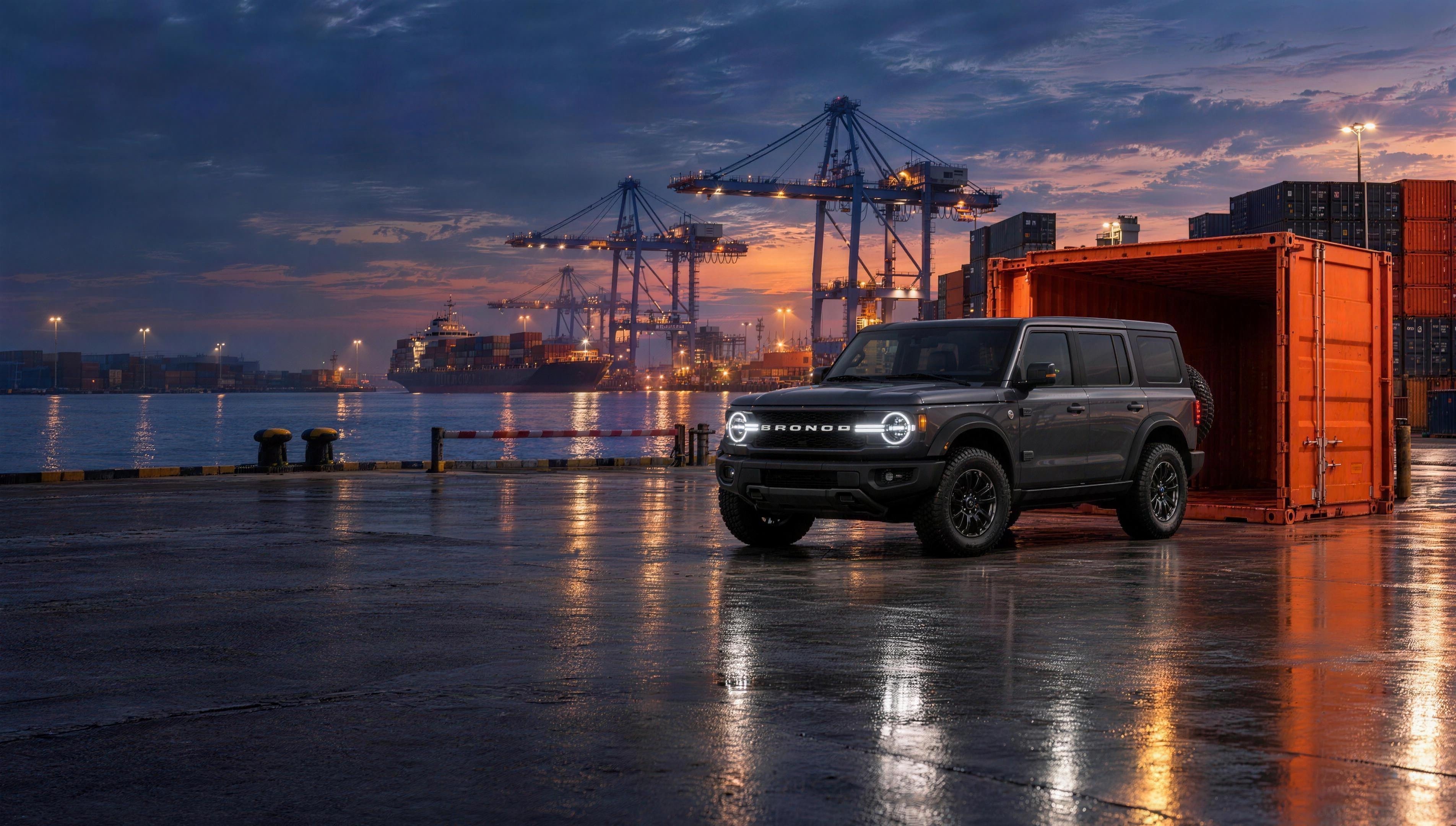 Ford Bronco staged beside an open shipping container at a night port